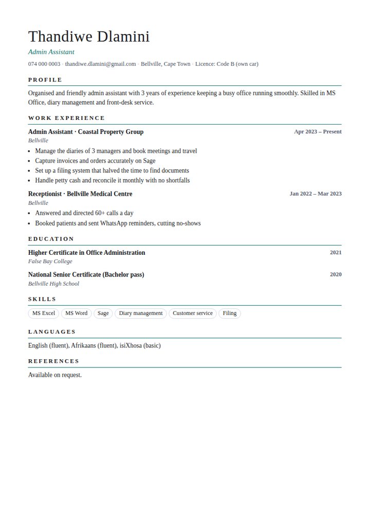 Example CV for an admin assistant in South Africa
