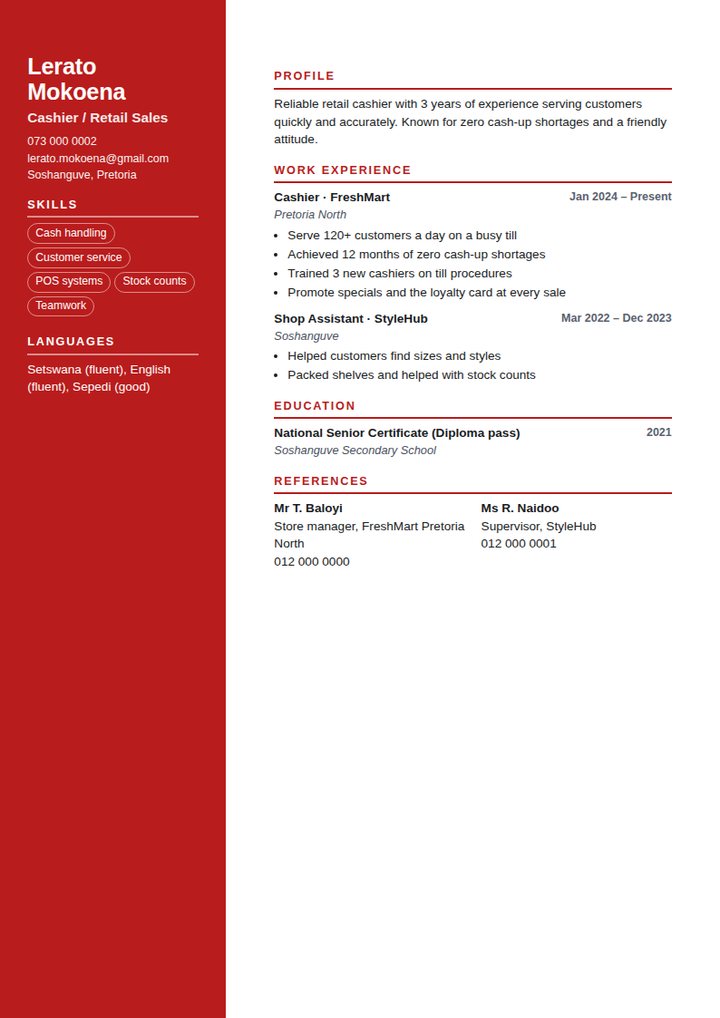 Example CV for a cashier in South Africa