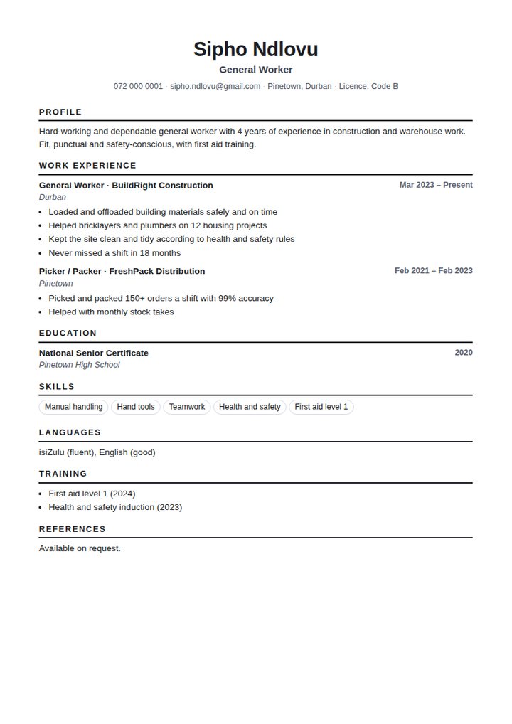 Example CV for a general worker in South Africa