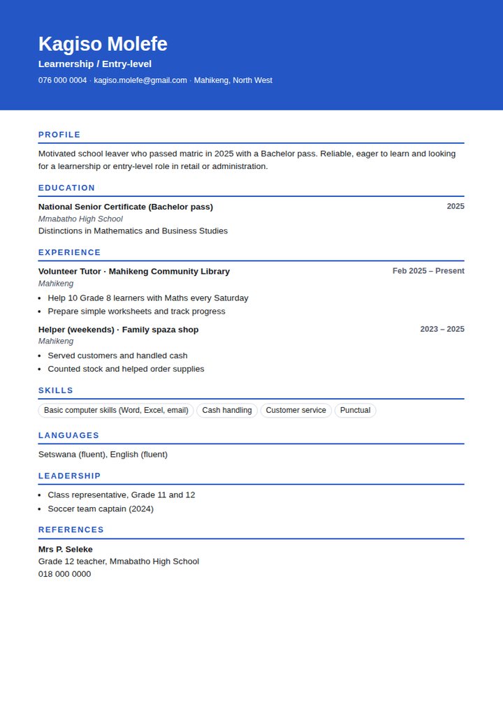 Example CV for a school leaver with no experience
